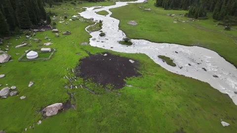 Top-down drone view of braided glacial river on green valley floor, Jeti-Oguz, Stock Footage 341871050
