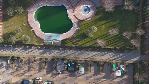Top Down Drone View of Camping Pool and Caravans in Bullas Video stock 335889046