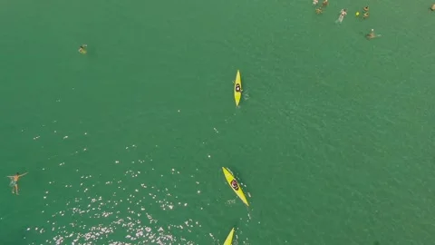 Top-Down Drone View of Canoes in Turquoise Black Sea, 2019 Video stock 323940728