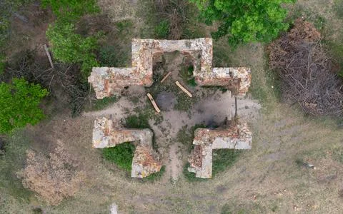 Top Down Drone View of Chapel of the Exaltation of the Holy Cross Ruins Stock Photos