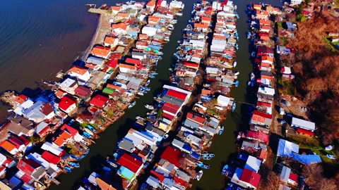 Top-down drone view of colorful boat houses, Burgas, Bulgaria Stock Footage 336341084