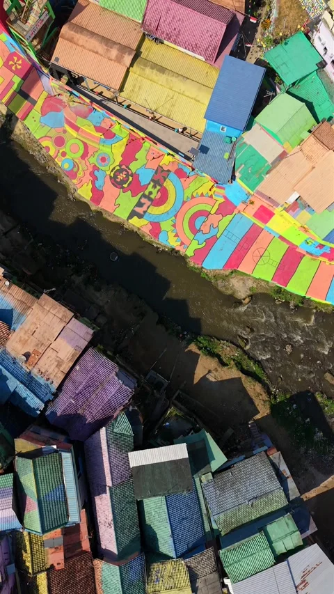 Top Down Drone View of Colorful Jodipan Village and River in Malang, Indonesia Stock Footage 345342941