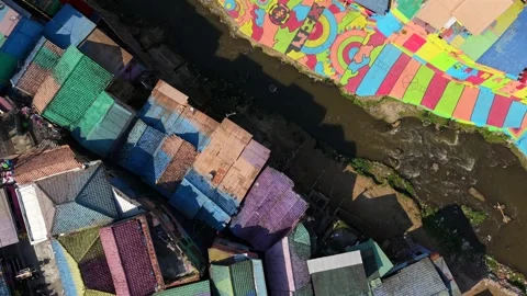 Top Down Drone View of Colorful Jodipan Village and River in Malang, Indonesia Stock Footage 345342981