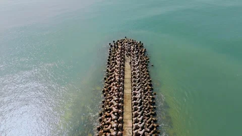 Top-Down Drone View of Concrete Breakwater and Tetrapods in Sparkling Sea Stock Footage 337028475