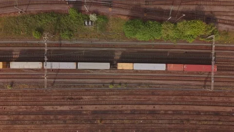 Top Down Drone View Of Container Train On Railway Tracks Stock Footage 334627516