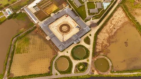 Top Down Drone View of Contemporary Building with Geometric Landscape Design Stock Photos