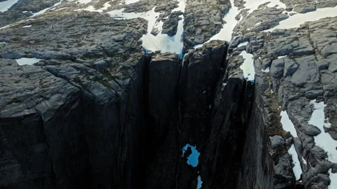 Top-down drone view of cracked granite plateau at Kjerag in Norway. Stock Footage 328129401