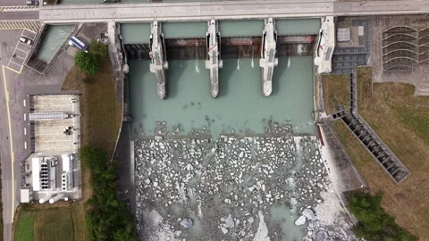 Top Down Drone View Crossing Dam and Water Diversion Infrastructure Video stock 336368086