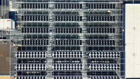 Top Down Drone View of Data Center Cooling Systems - Digital Infrastructure Grid Stock Footage 340597066