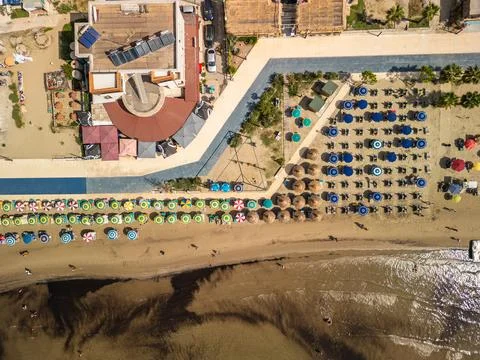 Top Down Drone View of Durres Beach and Hotel Restorant Kosova Stock Photos