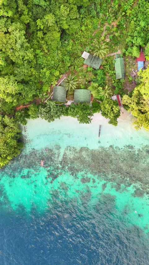 Top-Down Drone View of Eco Lodge and Tropical Shoreline on Waigeo, Raja Ampat Stockbeeldmateriaal 277996035