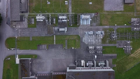 Top Down Drone View of Electrical Substation and Power Distribution Network Stock Footage 336368045