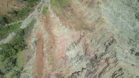 Top down drone view of an eroded red and gray rock slope in Hawaii Stockbeeldmateriaal 348263784