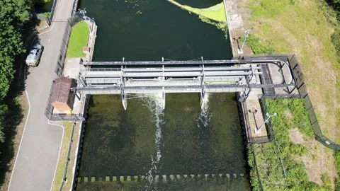 Top-down drone view of the flood relief weir Stock Footage 312743001