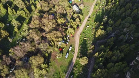 Top Down Drone View Of Forest Base Camp. Kazakhstan, Sayram-Ugam Park Stock-Footage 332943492