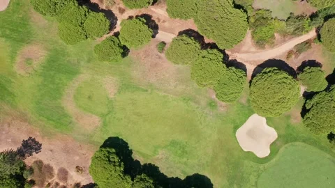 Top-down drone view of a golf course showing putting green, sand bunker, fairway Stock Footage 321370764