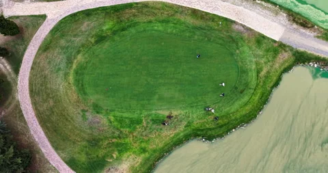 Top-Down Drone View of Golfers on a Green Beside a Pond Stock Footage 348165921