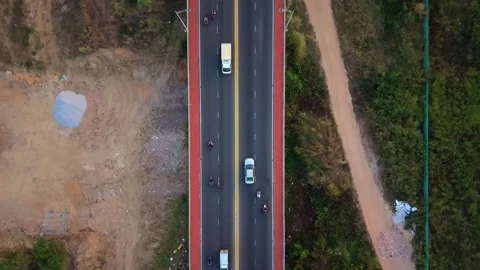 Top Down Drone View of Highway Traffic Crossing Modern Bridge Stock Footage 340458298