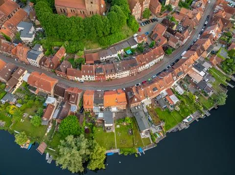 Top-down drone view of historic old town of Mölln. Stock Photos
