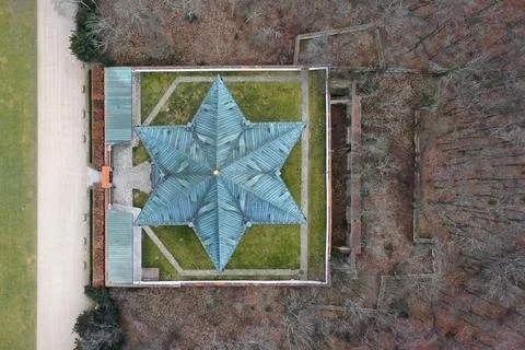 Top Down Drone View of Hvězda Summer Palace in Prague Stock Photos