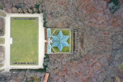 Top Down Drone View of Hvězda Summer Palace in Prague Stock Photos