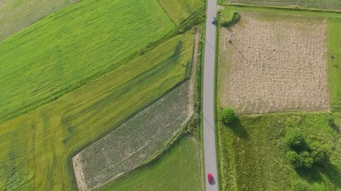 Top down drone view of intersecting rural roads dividing cultivated fields with Video stock 324520787