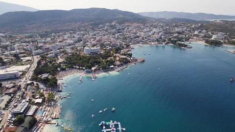 Top-Down Drone View of Ksamil Beach Albania Stock Photos