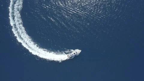 Top Down Drone View of Luxury Motor Yacht on Open Sea Stock Footage 344039817
