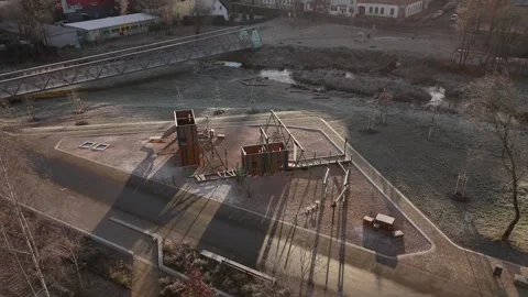Top down drone view of modern playground on frosty winter morning Stock Footage 326199820