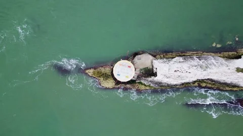 Top Down Drone View of The Needles and Lighthouse Isle of Wight Stock Footage 337998535