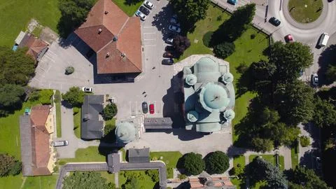 Top-Down Drone View of Orthodox Christian Church of Holy Trinity Banja Luka Stock Photos