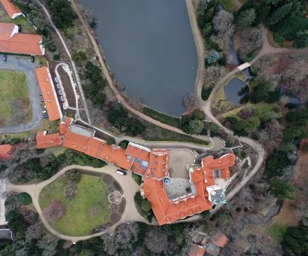 Top Down Drone View of Průhonice Park and Chateau Stock Photos