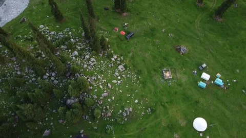 Top Down Drone View Of Remote Forest Basecamp. Kyrgyzstan, Karakol Stock-Footage 332937360