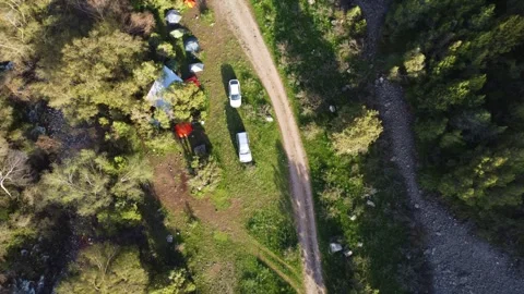 Top Down Drone View Of River Camp And Cars. Kazakhstan, Sayram-Ugam Park Stock-Footage 332943513