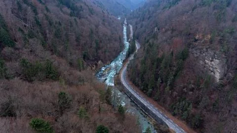 Top down drone view of a river gorge Stock Photos
