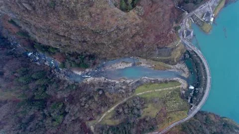 Top down drone view of a river gorge Stock Photos