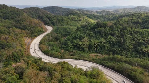 Top-Down Drone View of Scenic Highway in Summer Forest Stock Footage 327507893