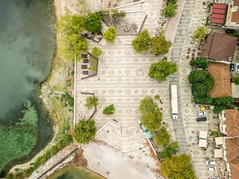 Top Down Drone View of Shiroka Carpet Patterned Promenade Albania Stock Photos