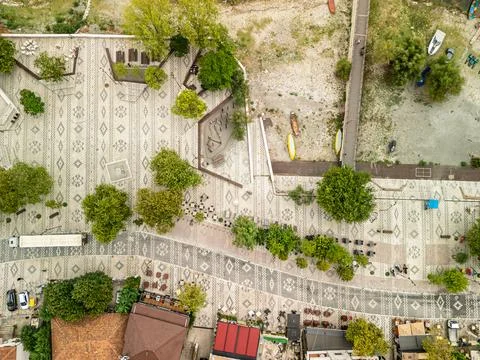 Top Down Drone View of Shiroka Promenade and Contrast Street Albania Stock Photos