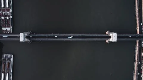 Top down drone view, showing the Budapest chain bridge leading over the Danuber Stock Photos