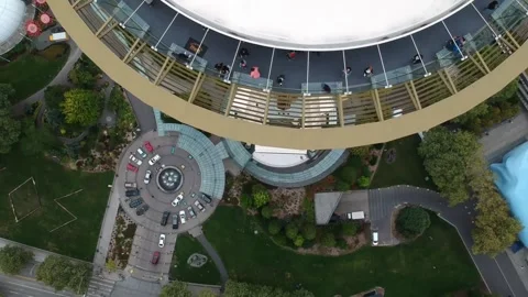 Top Down Drone View of Space Needle Observation Deck and Circular Base in Stock Footage 345857263