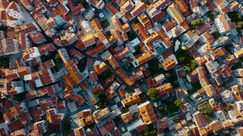 Top-down drone view of Split Old Town rooftops and narrow streets at sunrise Video stock 341673525