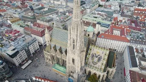 Top-Down Drone View of St Stephens Cathedral Roof Vienna Austria Stock Photos