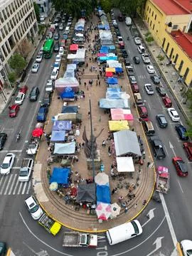 Top-down drone view of stalls at antique market in Republic Square Stock Photos