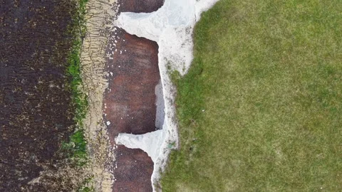 Top-down drone view of textured coastal cliff and multicolored beach Stock Footage 309765258