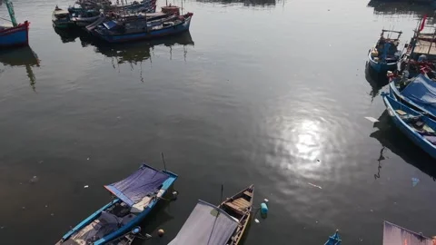 Top Down Drone View of Traditional Fishing Boats in Da Nang Harbor Stock Footage 340199109