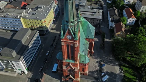 Top-down drone view of Trinity Church in Arendal city. Stock Footage 328127736