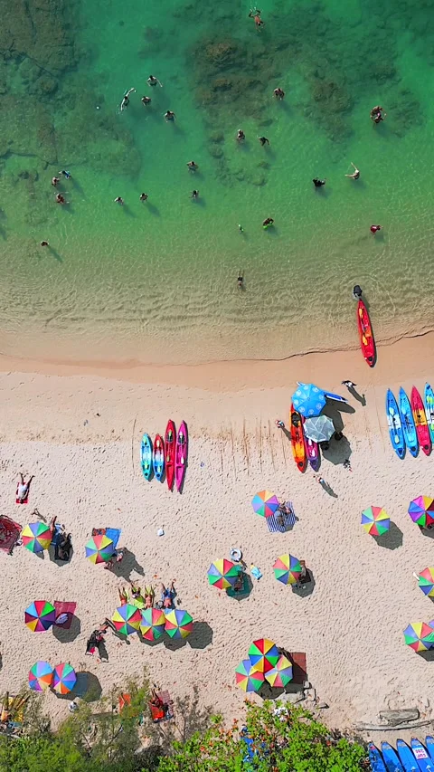 Top down drone view of tropical beach in Phuket, Thailand Video stock 336656406