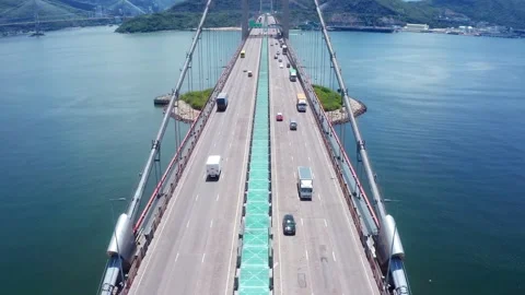 Top-Down Drone View of Tsing Ma Bridge and Its Surroundings Stock Footage 303609524