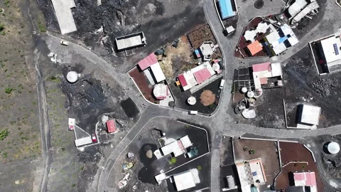 Top Down Drone View of Village in Lava Fields of Fogo Island, Cape Verde, High Stock-Footage 345072151